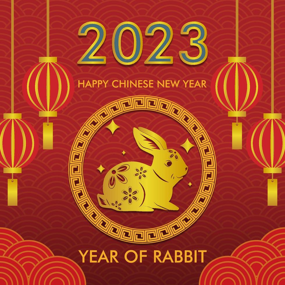 Lycklig kinesisk ny år. år av kanin design fyrkant i guld och röd bakgrund Färg med lampa kanin prydnad .för social media posta, befordran, hälsning kort, baner design och webb annonser vektor