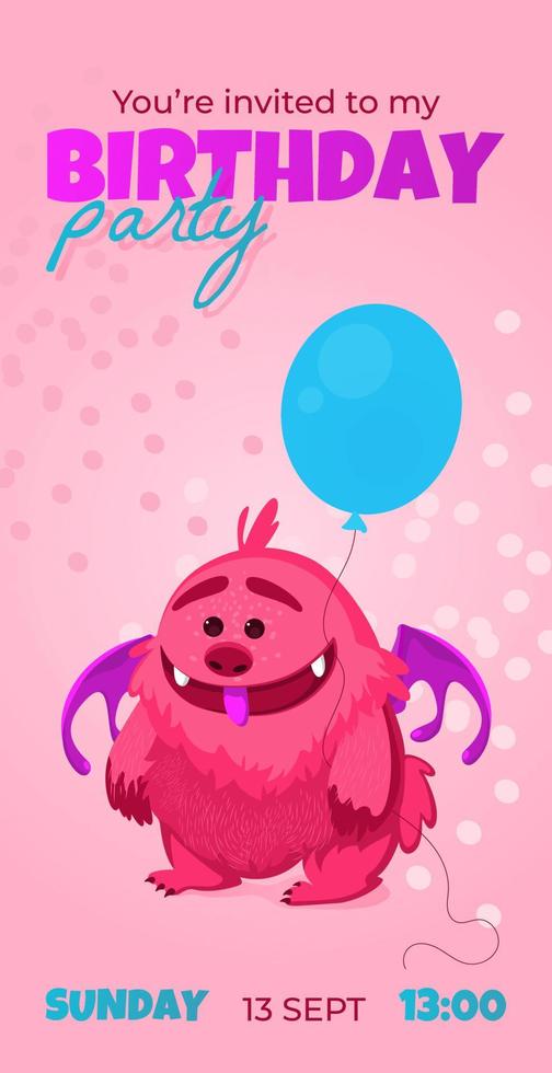 inbjudan kort till födelsedag fest mall med söt tecknad serie monster och blå ballong. inbjudan för ungar. vektor illustration