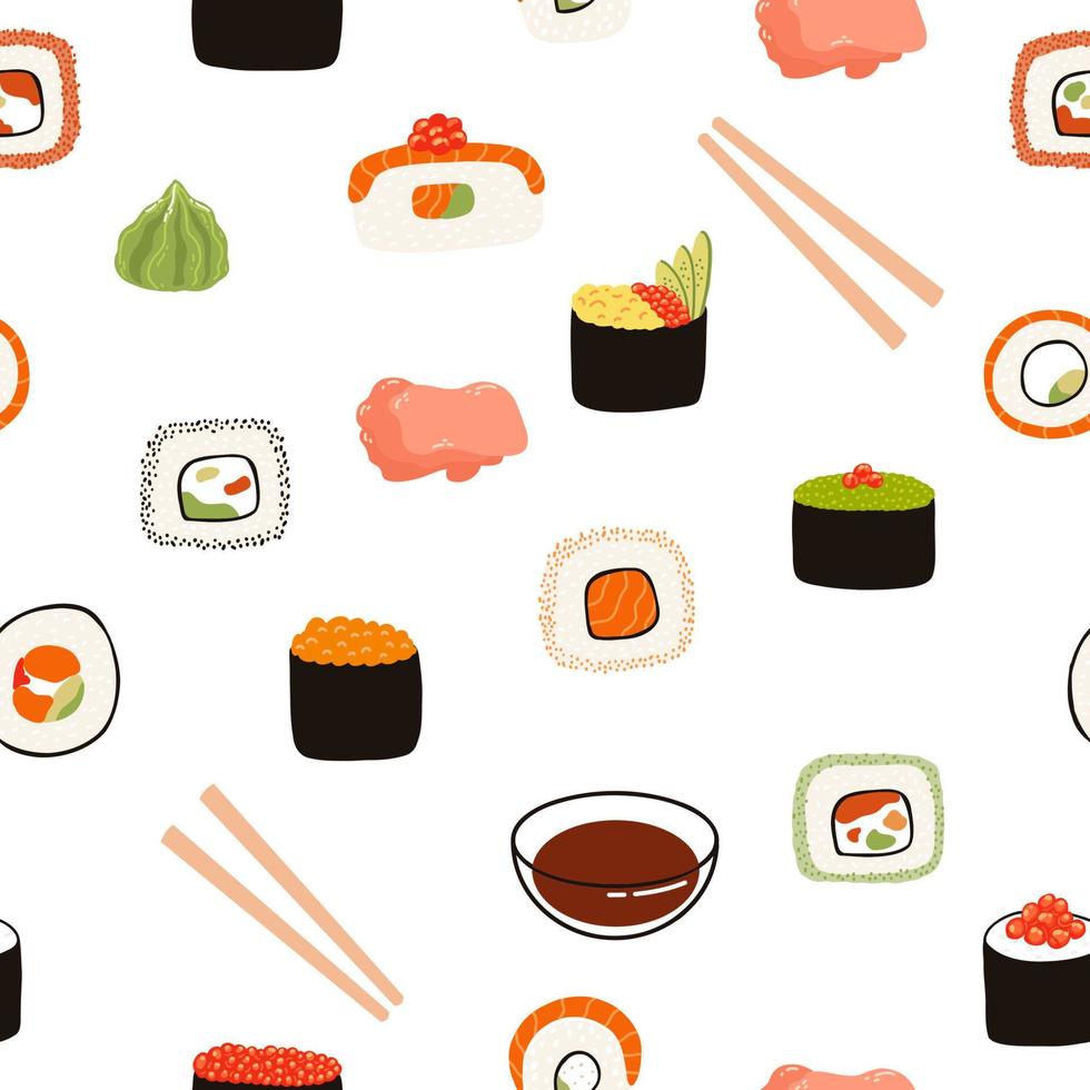 Nahtloses Muster mit Sushi, Sojasauce, Ingwer, Wasabi, Essstäbchen im Doodle-Stil. hand gezeichneter hintergrund der japanischen traditionellen küche vektor