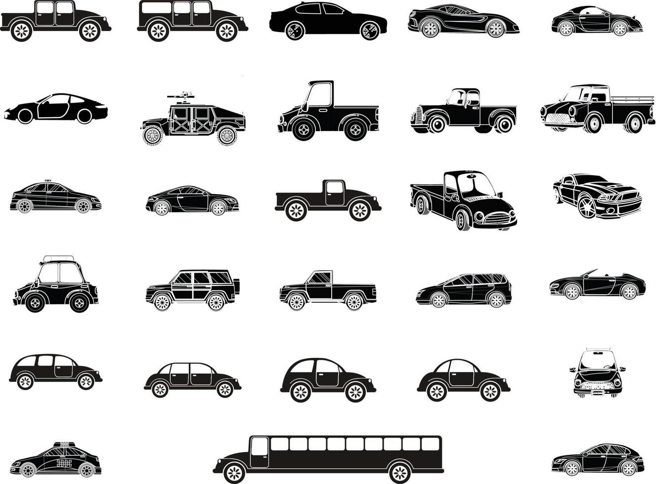 Autotyp und Modellobjekte Symbole gesetzt. Vektor schwarze Illustration isoliert auf weißem Hintergrund mit Schatten. Varianten der Autokarosserie-Silhouette für das Web.