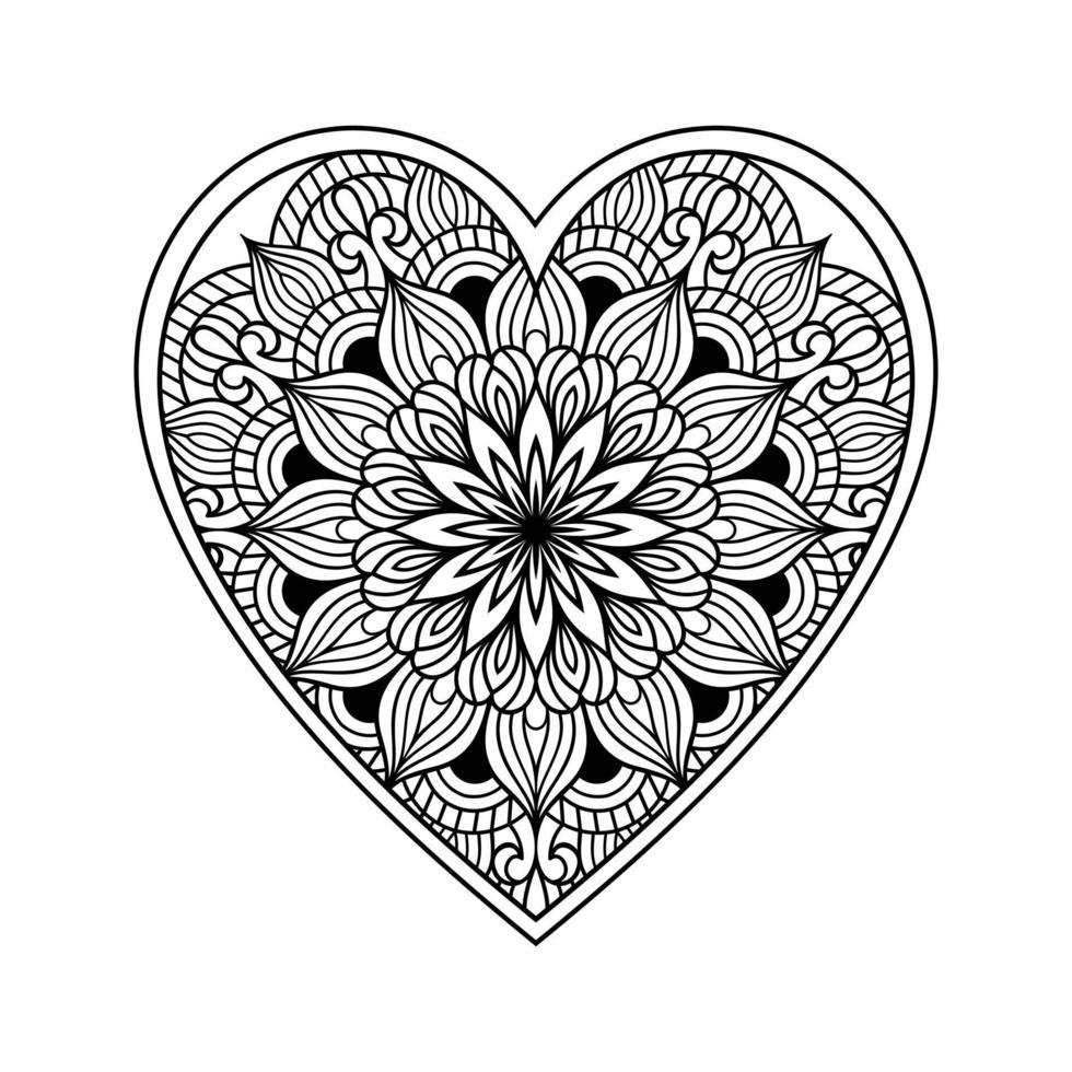 hjärta mandala färg sida för vuxen, hjärta med blommig mandala mönster konst, hjärta formad mandala blommig mönster för färg sida, hand dragen hjärta blommig mandala klotter för färg bok vektor