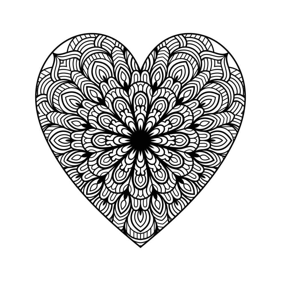 herzförmiges Mandala-Blumenmuster für Malbuch, Herz mit Blumenmandala-Muster, handgezeichnetes Herz-Blumenmandala-Gekritzel, Herz-Mandala-Malseite für Erwachsene vektor
