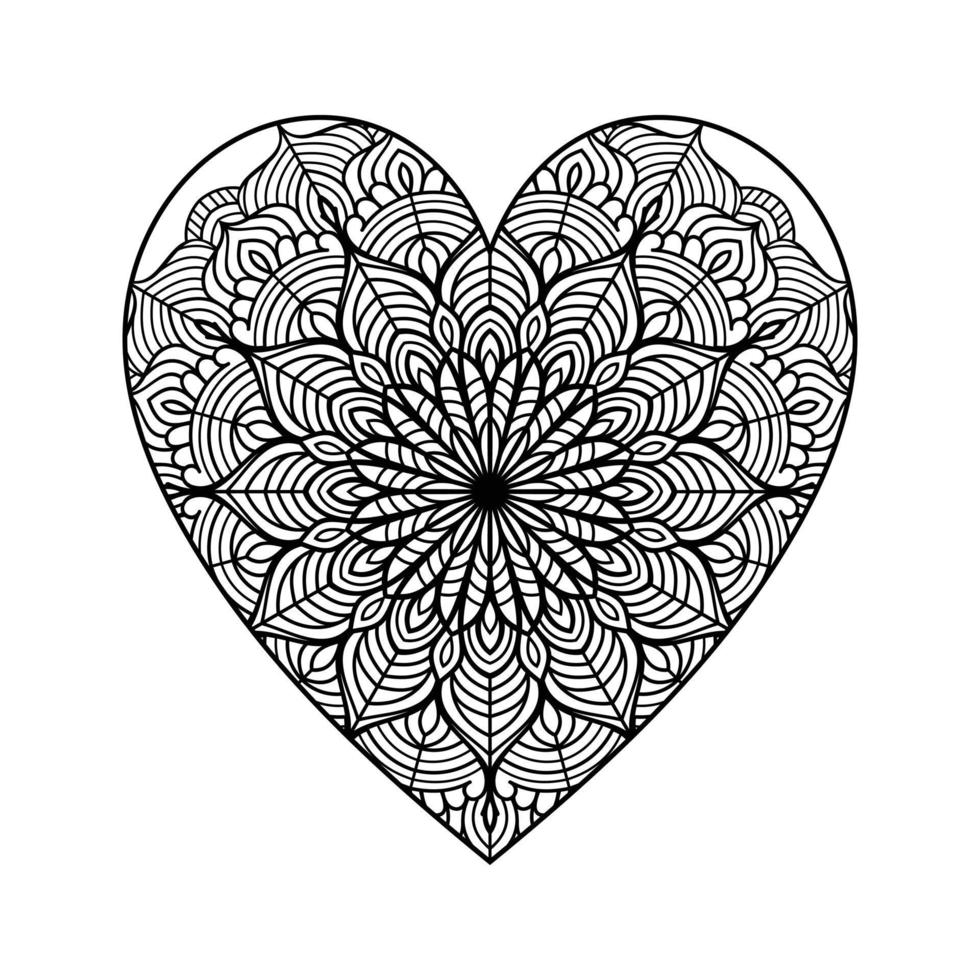 hjärta med blommig mandala mönster, hjärta formad mandala blommig mönster för färg bok, hand dragen hjärta blommig mandala klotter, hjärta mandala färg sida för vuxen vektor