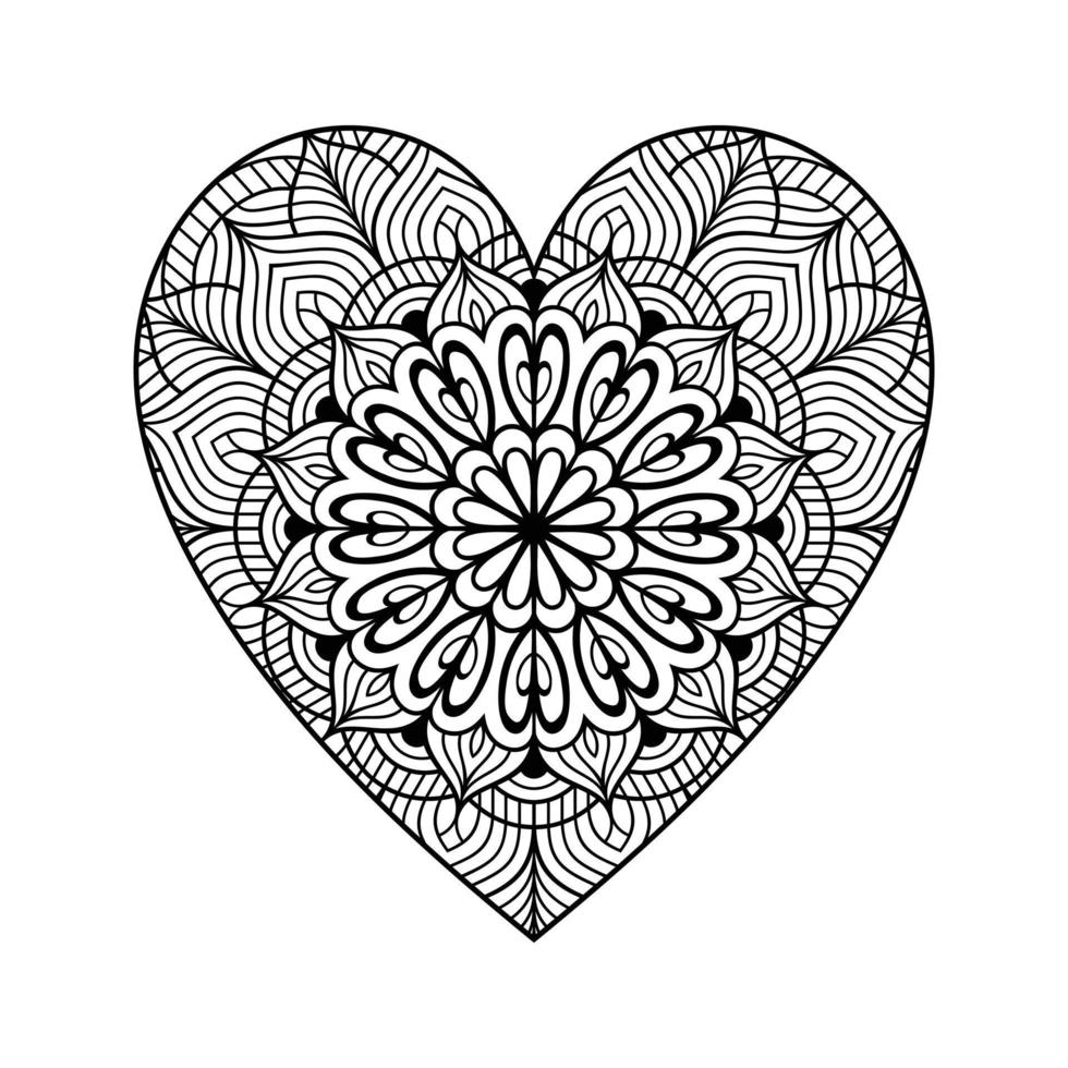 Herz mit floralem Mandala-Muster, herzförmiges Mandala-Blumenmuster für Malbuch, handgezeichnetes Herz-Blumen-Mandala-Doodle, Herz-Mandala-Malseite für Erwachsene vektor