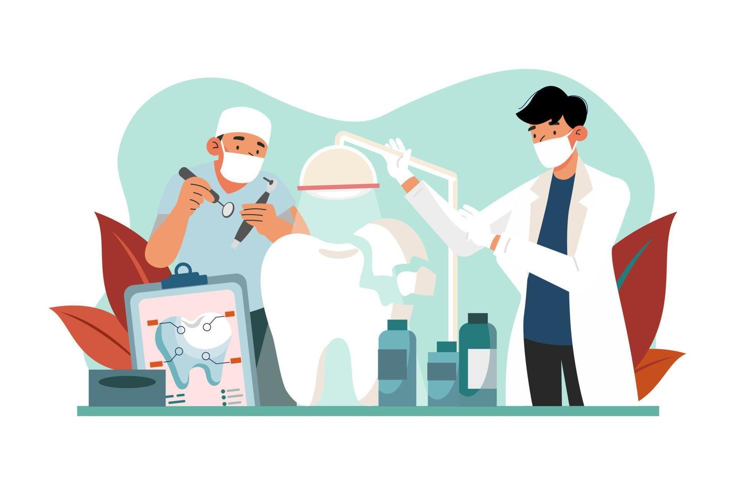 tandläkare innehav professionell stomatologi verktyg och fixering tand modeller. vektor