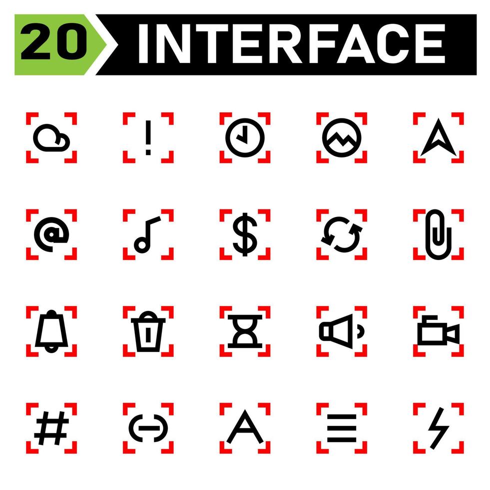 Das Interface-Icon-Set umfasst Cloud, Wetter, Interface, Vorsicht, Warnung, Aufmerksamkeit, Wichtig, Zeit, Timer, Uhr, Wecker, Bild, Foto, Galerie, Nachricht, Mail, Brief, Chat, E-Mail, Umschlag, Musik vektor