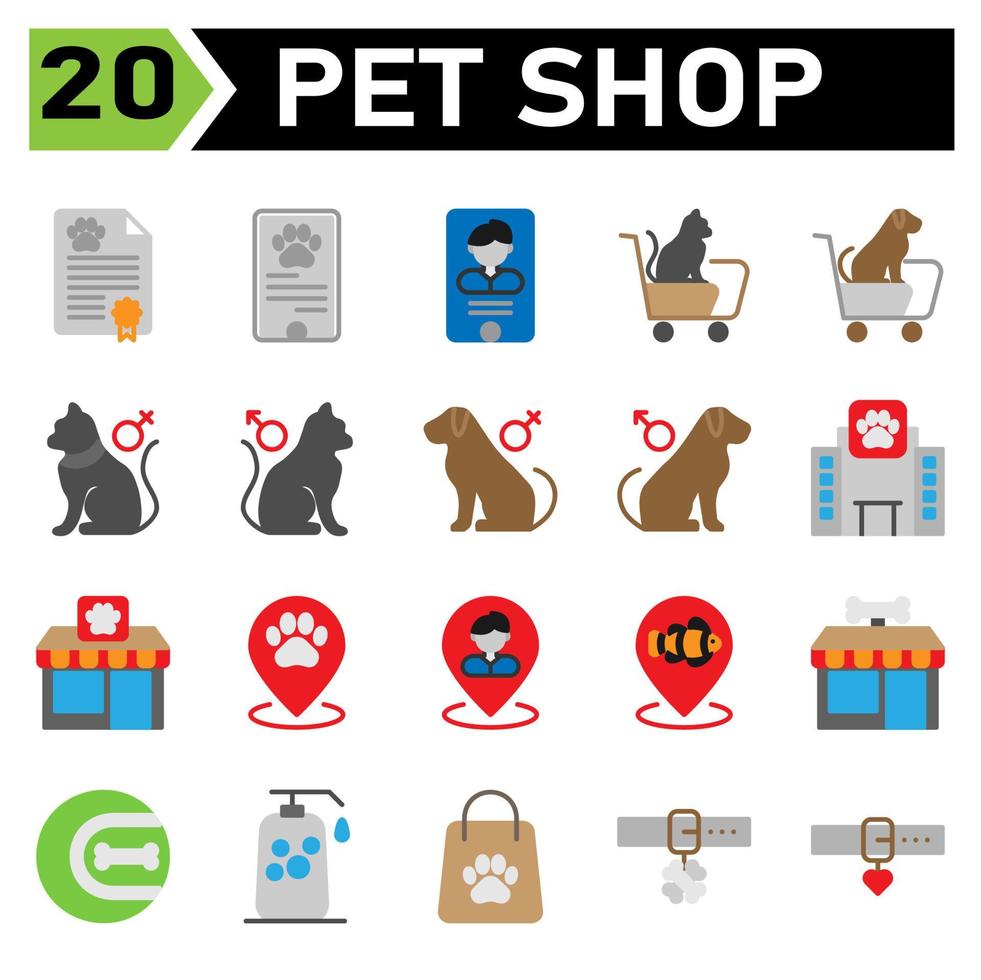 Das Icon-Set für die Tierhandlung umfasst ein Zertifikat, ein Tier, ein Haustier, ein Geschäft, einen Reisepass, ein Telefon, eine Tierhandlung, eine Katze, einen Hund, einen Arzt, einen Tierarzt, einen Trolly, ein Geschlecht, eine Frau, einen Mann, ein Krankenhaus, ein Gebäude, eine Pfote, ein Lebensmittel, eine Stecknadel, eine Karte, einen Fisch, Knochen vektor