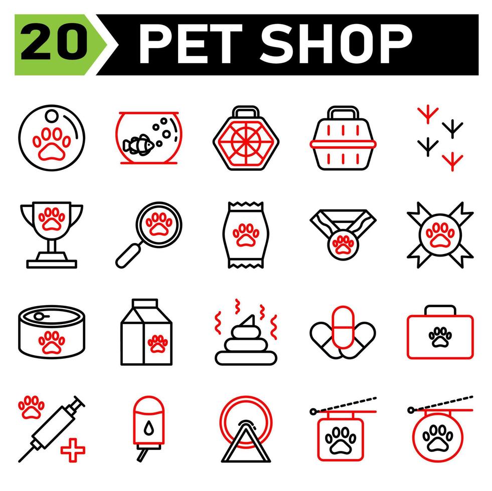 Pet Shop Icon Set umfasst Medaille, Haustier, Pfote, Haustiere, Tier, Goldfisch, Aquarium, Fisch, Käfig, Katze, Hund, Träger, Trage, Vogel, Markierung, Spur, Füße, Trophäe, Auszeichnung, Belohnung, Wettbewerb, Suche, Vergrößerung , Essen finden vektor