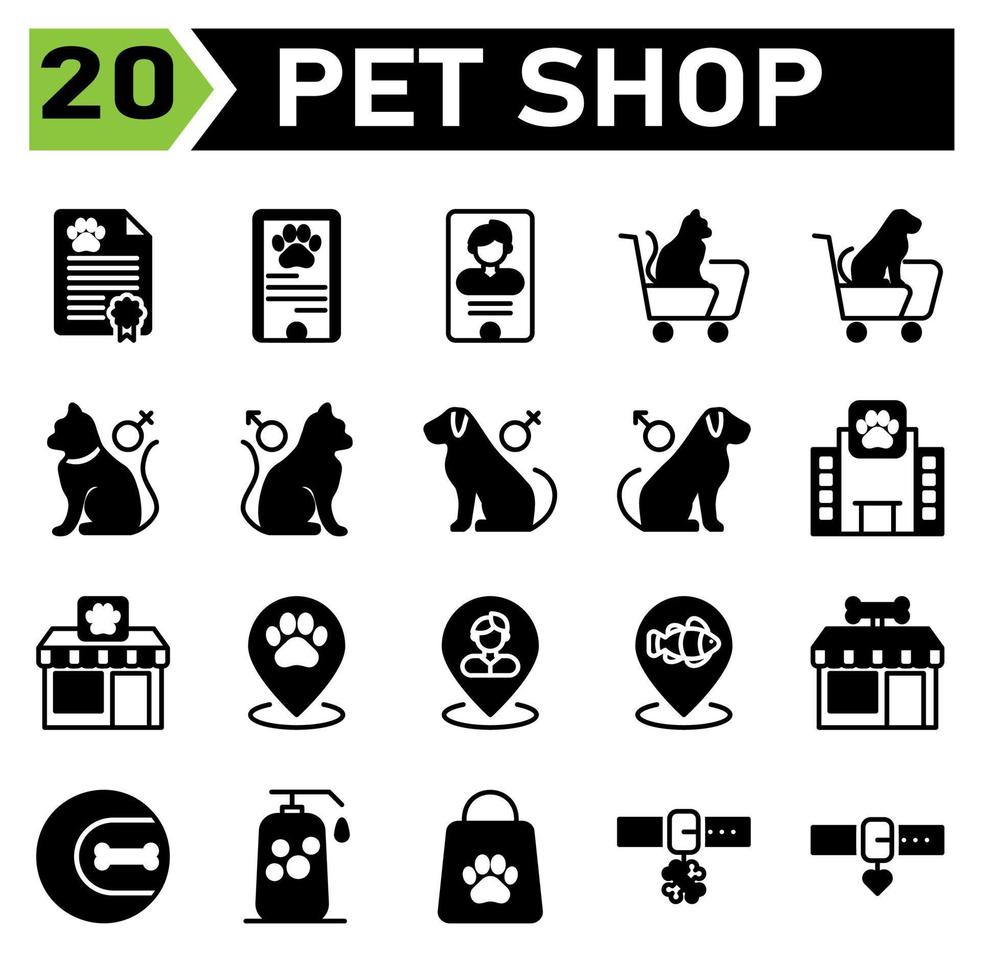 Das Icon-Set für die Tierhandlung umfasst ein Zertifikat, ein Tier, ein Haustier, ein Geschäft, einen Reisepass, ein Telefon, eine Tierhandlung, eine Katze, einen Hund, einen Arzt, einen Tierarzt, einen Trolly, ein Geschlecht, eine Frau, einen Mann, ein Krankenhaus, ein Gebäude, eine Pfote, ein Lebensmittel, eine Stecknadel, eine Karte, einen Fisch, Knochen vektor