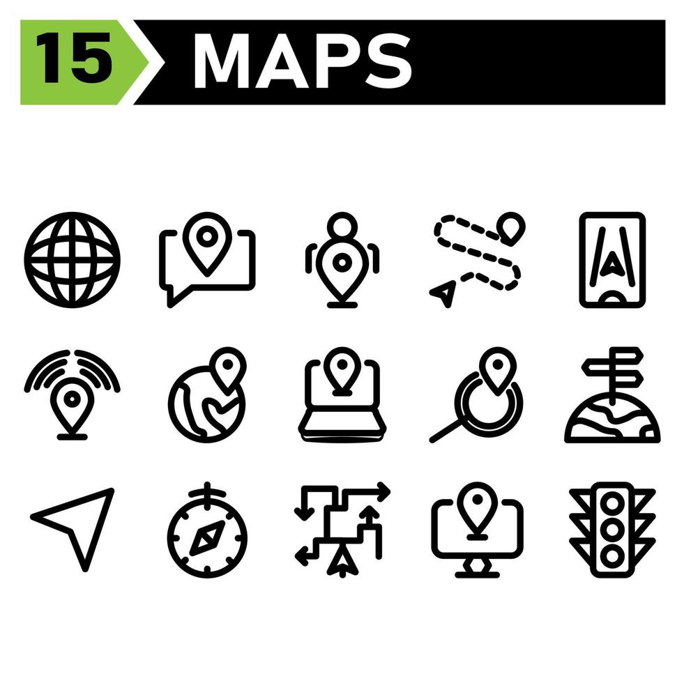 Karten und Navigationssymbole umfassen Globus, Welt, Karte, Navigation, Chat, Kommunikation, Nachricht, Stecknadel, Benutzer, Straße, Ort, Ziel, Telefon, Ort, Signal, Navigation, Laptop, Suche, Finden vektor