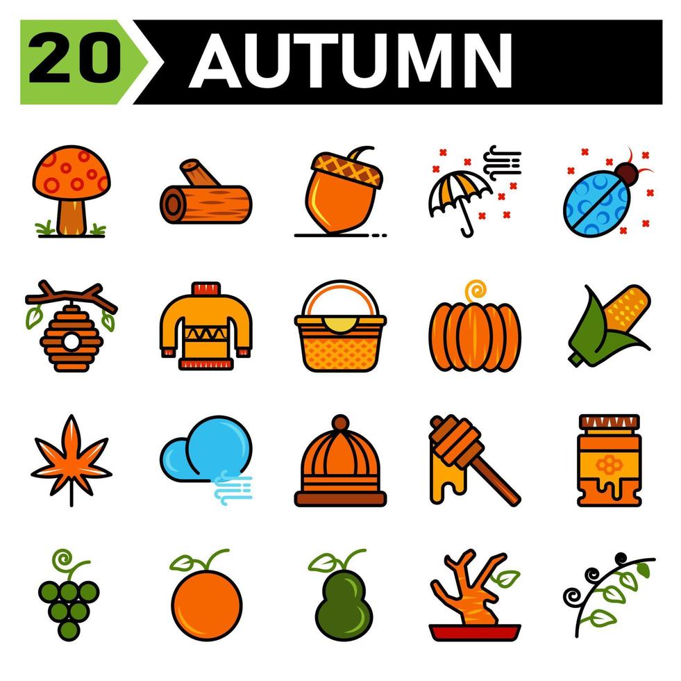 Herbst-Icon-Set beinhaltet Pilz Herbst Pflanze Bauholz Stück Holz Stamm Kastanie Nuss Erdnuss Regenschirm Luft Käfer Käfer Insekt Bienenstock Biene Honig Pullover warm Korb Urlaub Erntedankfest Kürbis Gemüse vektor