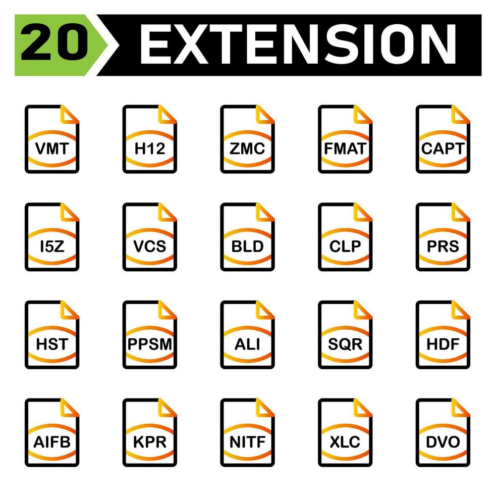 fil förlängning ikon inkludera vmt, h12, zmc, fmat, kapten, i5z, vcs, bld, clp, prs, hst, ppsm, ali, sqr, hdf, aifb, kpr, nitf, xlc, dvo, fil, formatera, förlängning, dokumentera, tecken, vektor