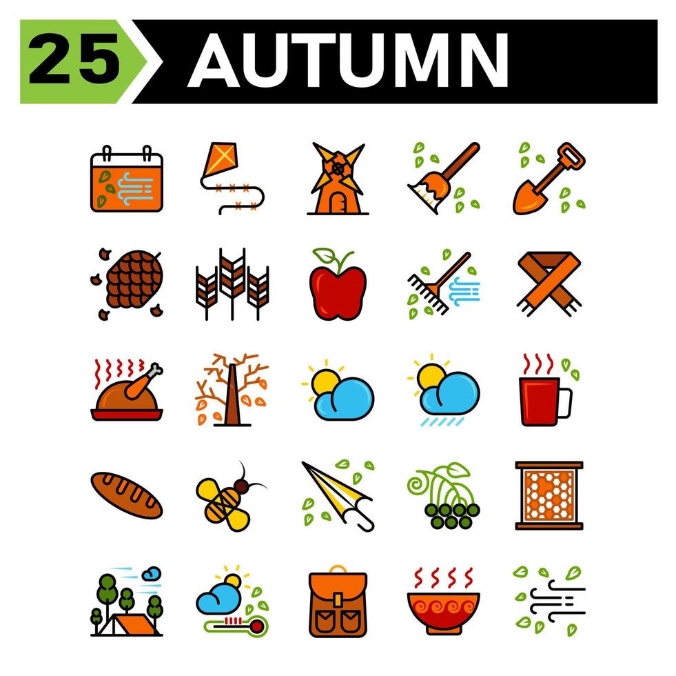 Herbst-Icon-Set gehören Kalender Herbst Herbst Ereignis Datum Windmühle Gebäude Hauswirtschaft Besen Schaufel Spaten Kiefer Natur Kegel Korn Weizen Jahreszeit Apfel Obst Gabel Garten Herbst Schal Thanksgiving Huhn vektor