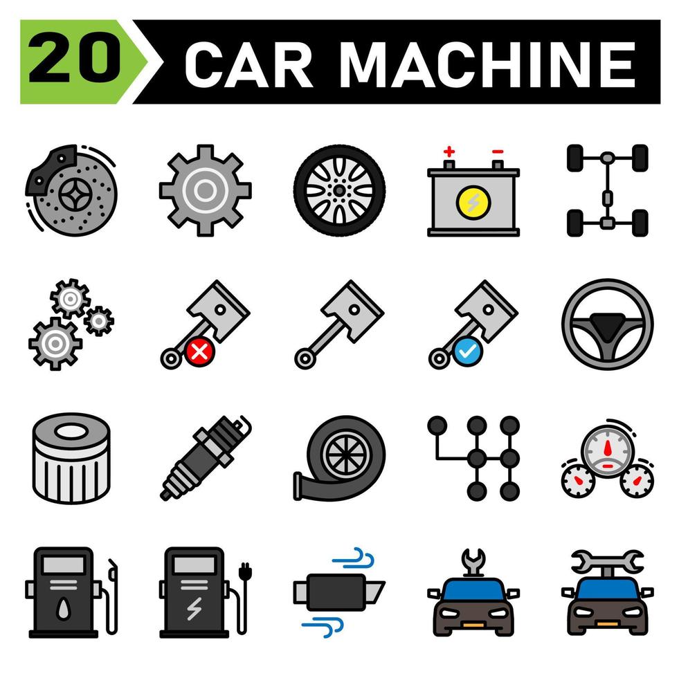 Das Symbolset für Automaschinen umfasst Bremse, Scheibe, Bremsen, Automobil, Service, Getriebe, Teil, Einstellung, Zahnrad, Zahnrad, Rad, Reifen, Auto, Montage, Reifen, Maschine, Batterie, Akkumulator, Reparatur, Kolben, Kräfte vektor