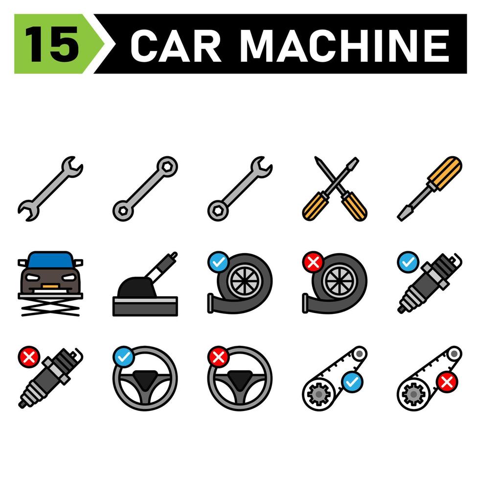 Das Symbolset für Automaschinen umfasst Werkzeuge, Werkzeug, Schraubenschlüssel, Einstellung, Auto, Schraubendreher, Aufzug, Service, Wartung, Automobil, Handbremse, Bremse, Turbo, Maschine, Motor, Akzeptieren, Kaputt, Funke, Stecker, Mechaniker vektor