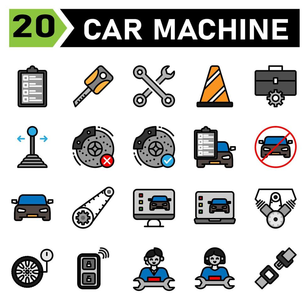 bil maskin ikon uppsättning inkludera bil service, lista, mekaniker, reparera, bil, nyckel, maskin, motor, nycklar, låsa, säkra, verktygslåda, rycka, verktyg, service, kon, trafik, tecken, verkstad, redskap, pinne, bil vektor