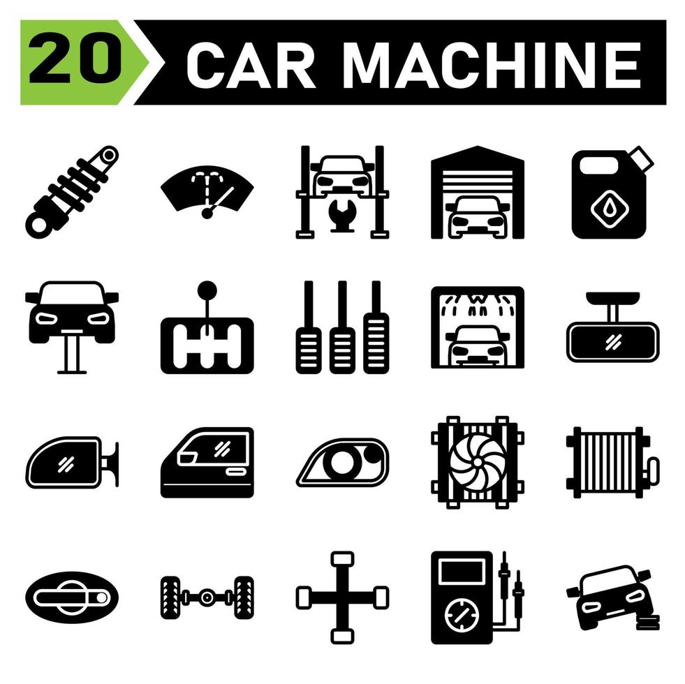 Das Symbolset für Automaschinen umfasst Stoßdämpfer, Service, Automobil, Autoteil, Waschmaschine, Scheibenwischer, Windschutzscheibe, Windschutzscheibe, hydraulische Rampe, Wagenheber, Heben, Reparatur, Auto, Garage, Parkplatz, Lager, Jerry, Öl vektor