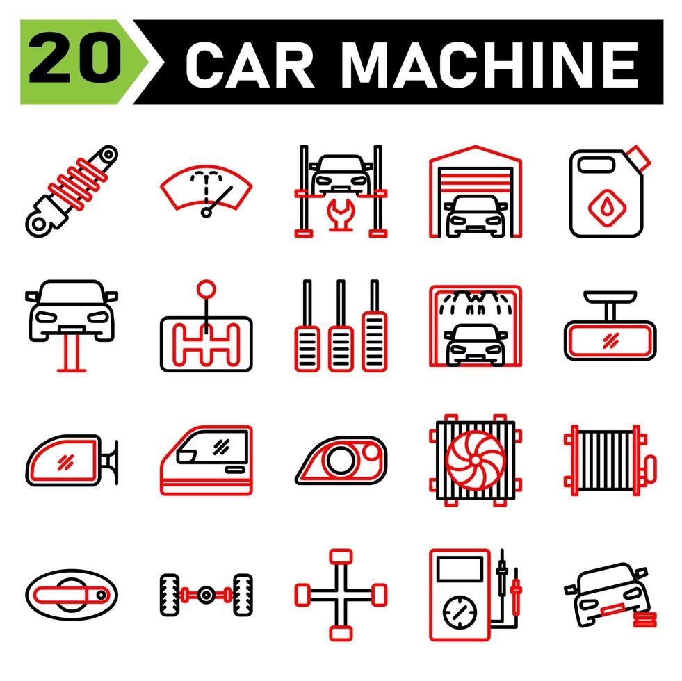 bil maskin ikon uppsättning inkludera chock brytare, service, bil, bil del, tvättmaskin, torkare, vindruta, vindskydd, hydraulisk ramp, jack, lyft, reparera, bil, garage, parkering, lager, Jerry, olja vektor