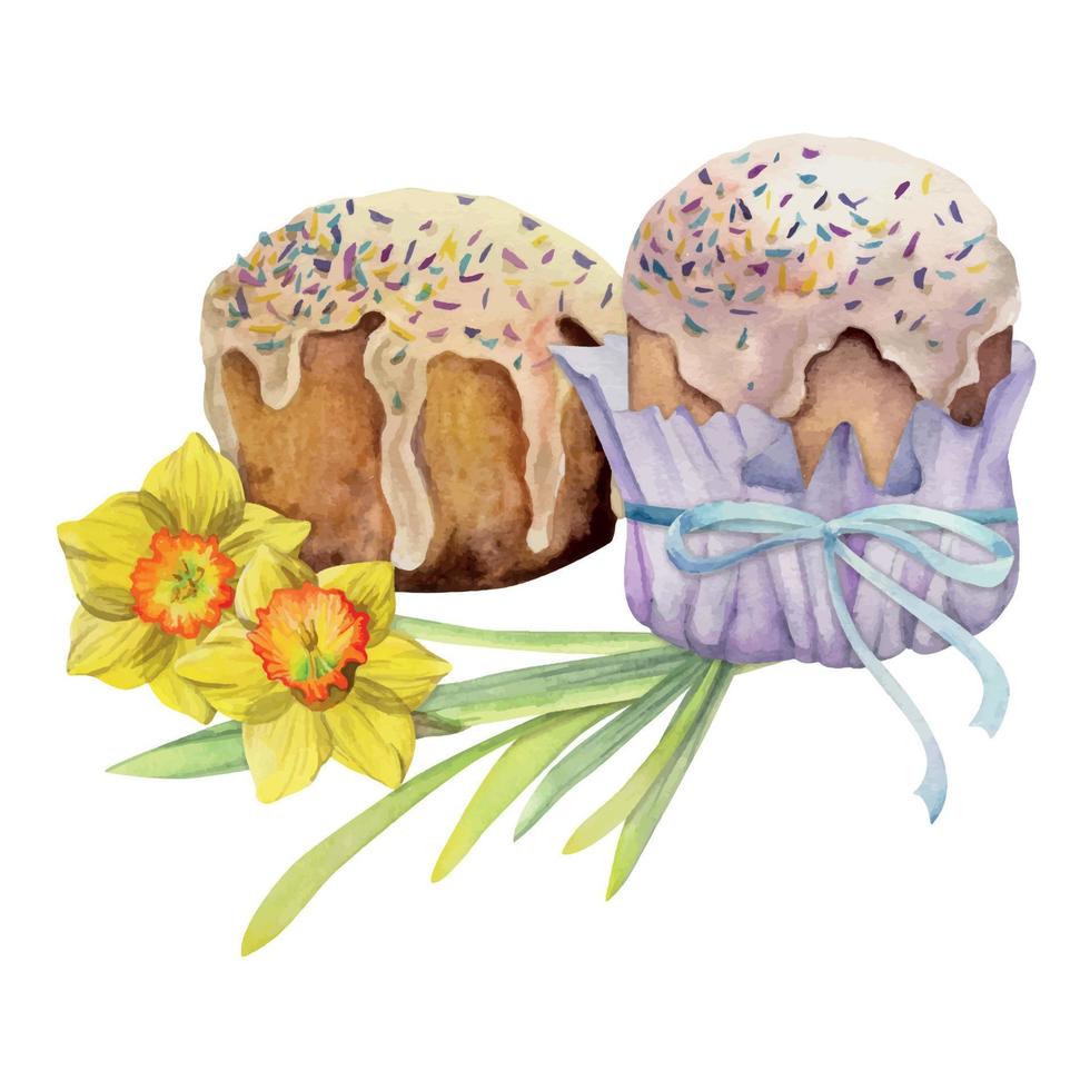 aquarell handgezeichnete osterfeier clipart. zusammensetzung von kulich-brot, frühlingsnarzissenblüten, blättern. isoliert auf weißem Hintergrund. für einladungen, geschenke, grußkarten, druck, textil vektor