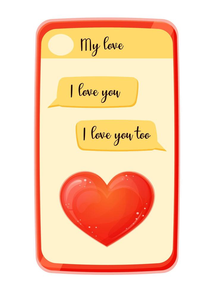 rotes telefon mit chat-nachrichten. Liebestext mit Herz. Beziehungen Kommunikation. Valentinstag. vektorillustration für das design lokalisiert auf weißem hintergrund. vektor