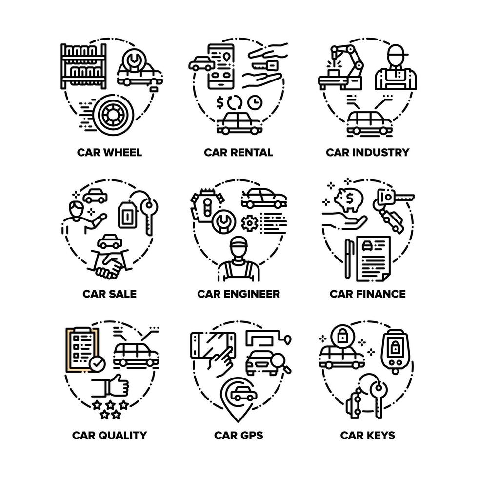 gesetzte ikonen des autofahrzeugs vector schwarze illustrationen