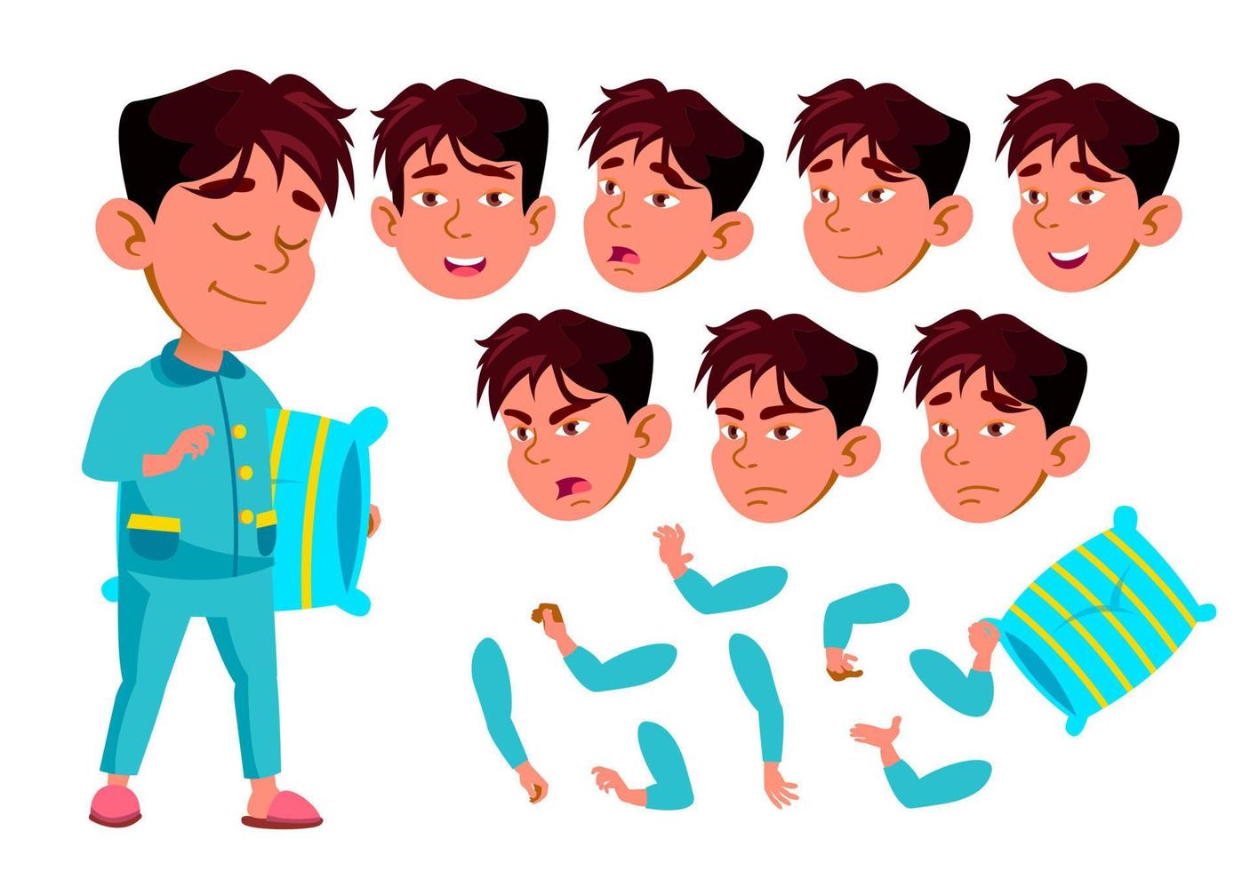 asiatischer Junge, Kind, Kind, jugendlich Vektor. Schulkind. Vorlesung. Gesicht Emotionen, verschiedene Gesten. Animationserstellungsset. isolierte flache zeichentrickfigur illustration vektor