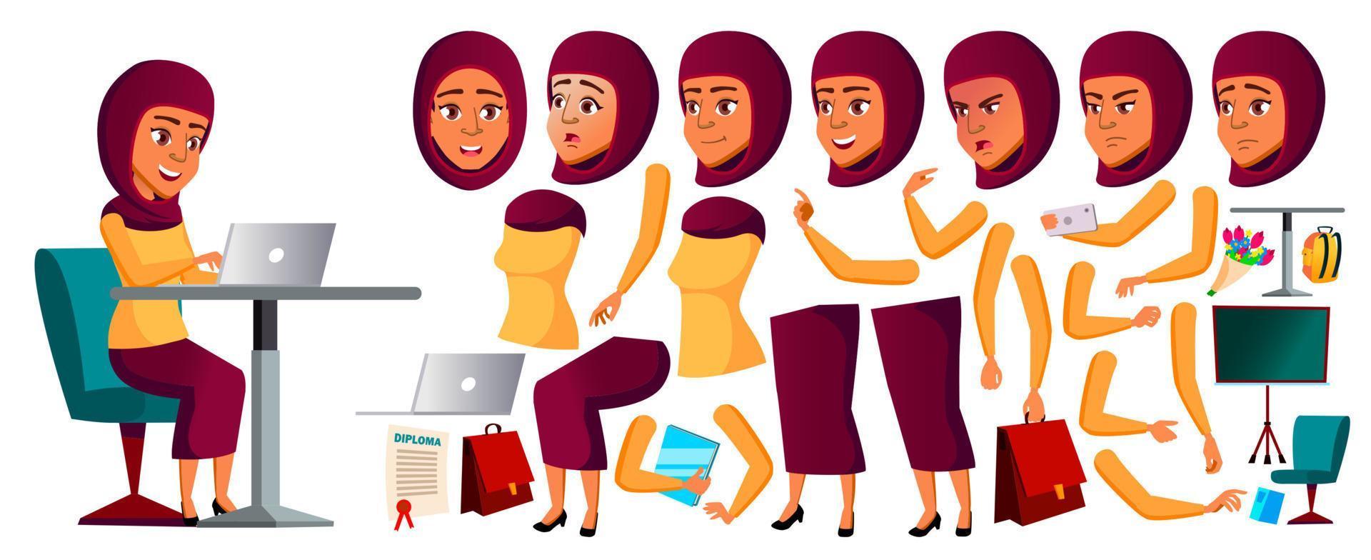 Teenager-Mädchen-Vektor. arabisch, muslim. Animationserstellungsset. Gesicht Emotionen, Gesten. kaukasisch, positiv. animiert. für Banner, Flyer, Webdesign. isolierte karikaturillustration vektor