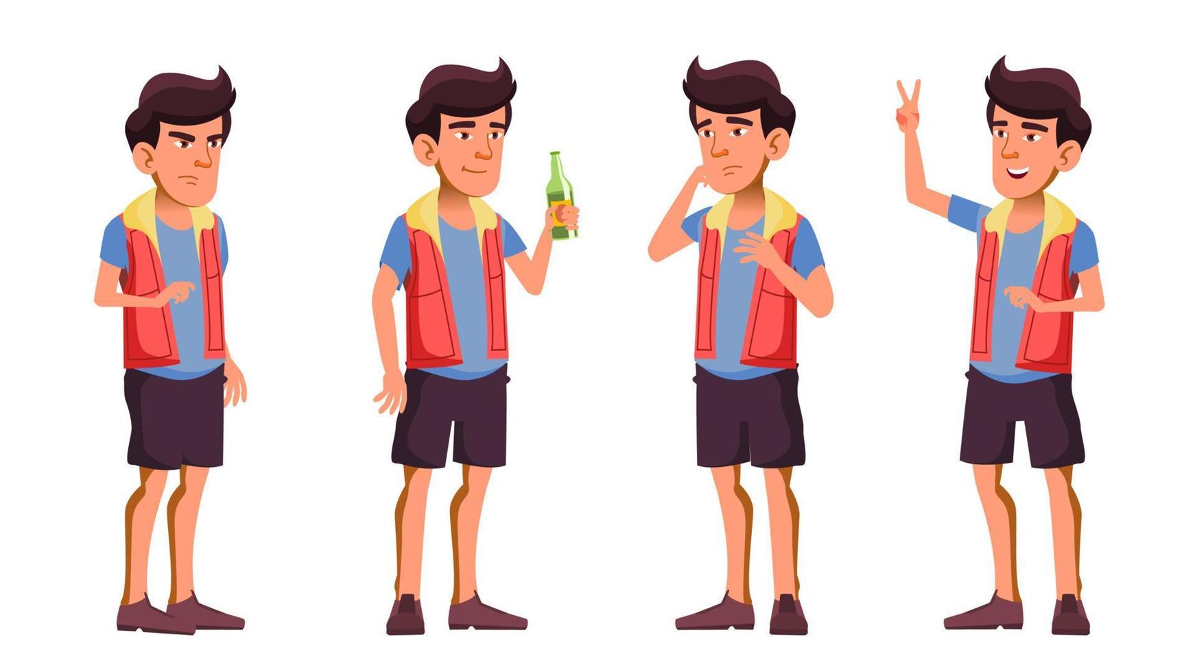 asiatischer jugendlich Junge stellt eingestellten Vektor dar. Bier. hallo. lustig, freundschaft. für werbung, gruß, ankündigungsdesign. isolierte karikaturillustration