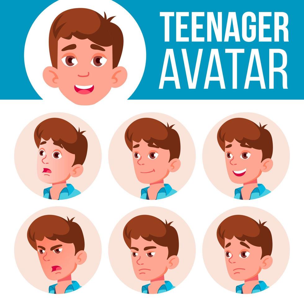 Teenager-Jungen-Avatar-Set-Vektor. Emotionen begegnen. Benutzer, Charakter. lustig, fröhlich. Cartoon-Kopf-Illustration vektor