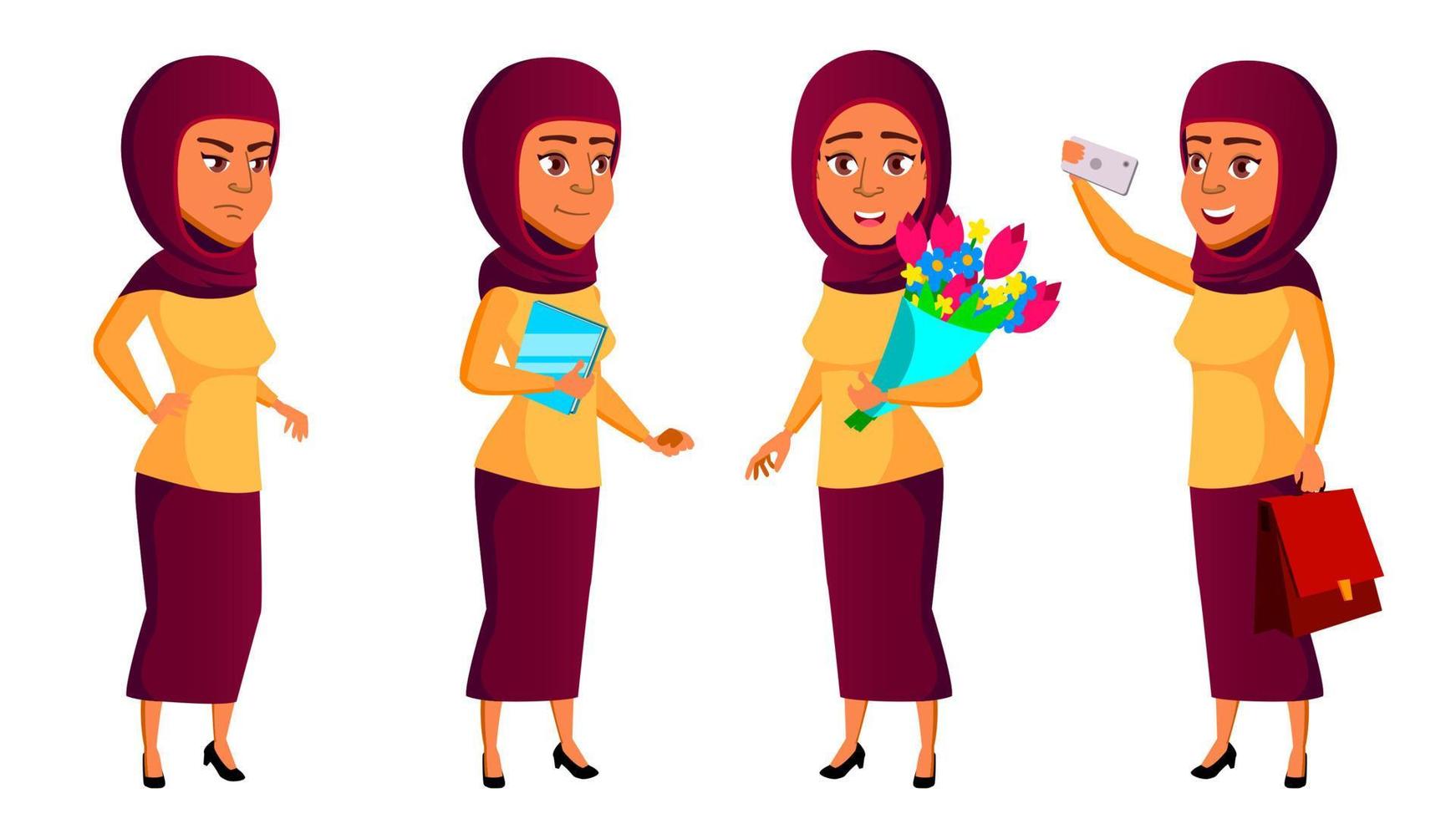 tonåring flicka poser uppsättning vektor. arab, muslim. fritid, leende. för webb, broschyr, affisch design. isolerat tecknad serie illustration vektor