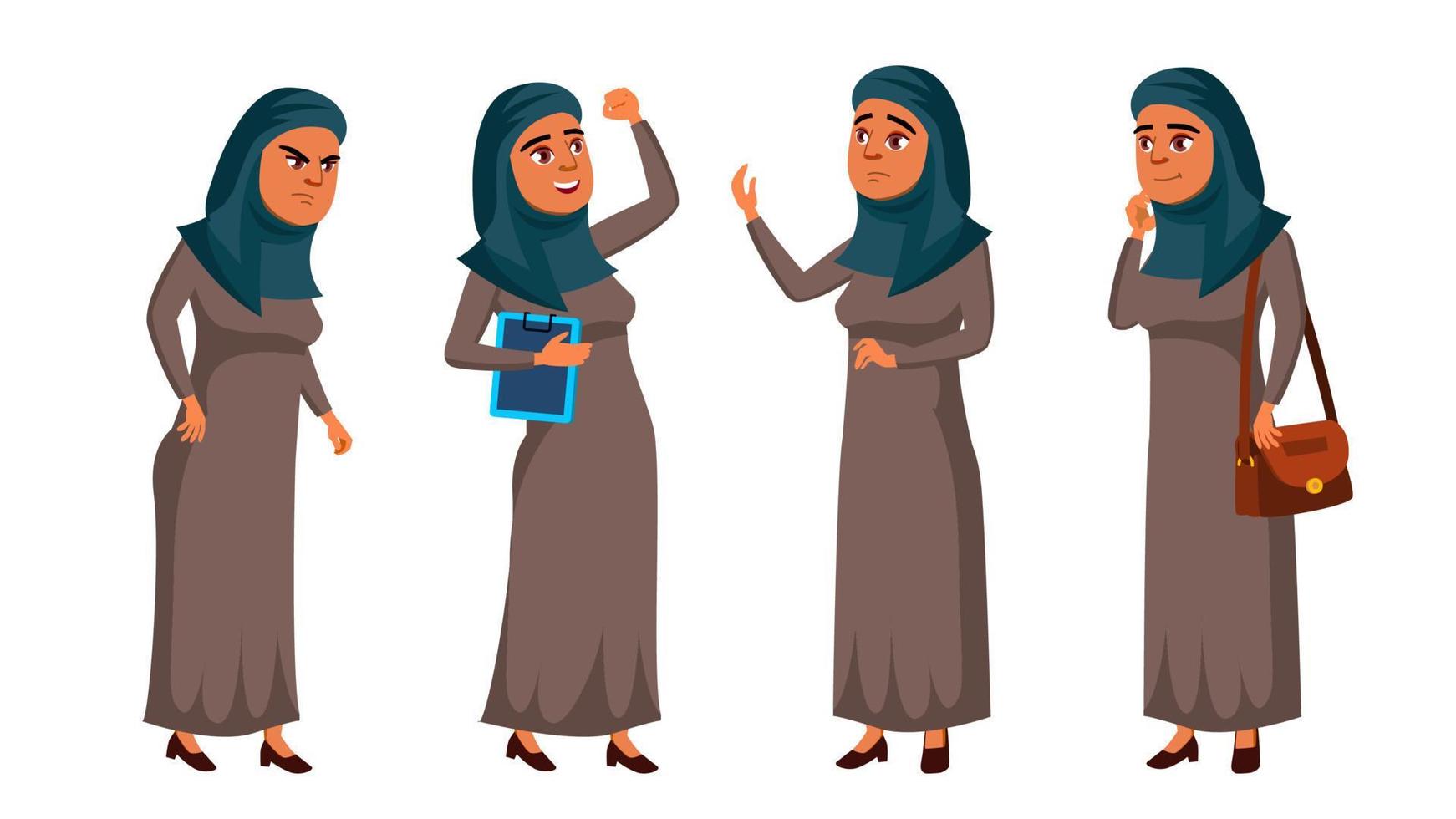 arab, muslim tonåring flicka poser uppsättning vektor. positiv kontor chef person. för vykort, omslag, plakat design. isolerat tecknad serie illustration vektor