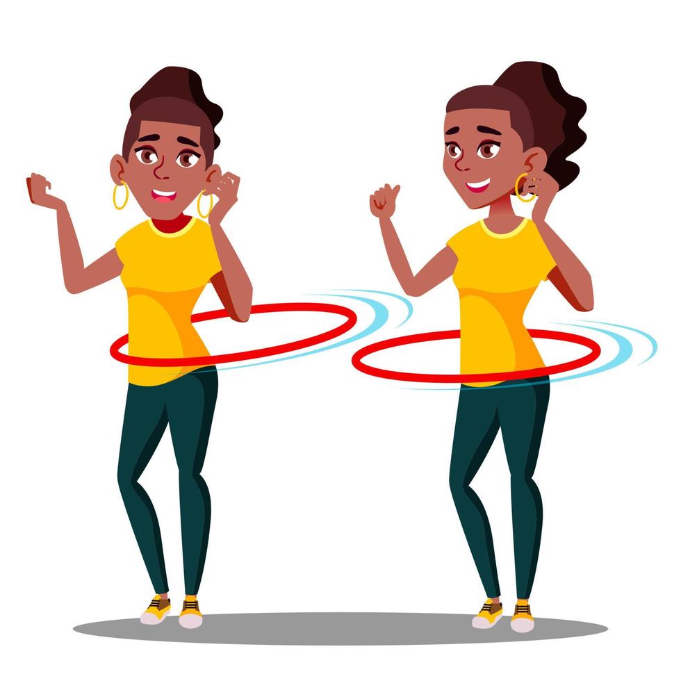 ung atletisk svart afro amerikan flicka roterar hula ring vektor. isolerat illustration vektor