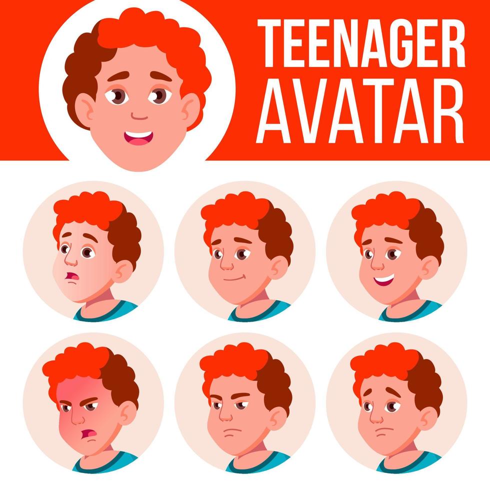 Teenager-Jungen-Avatar-Set-Vektor. Emotionen begegnen. Kinder. roter Kopf. Fetter Gamer. schön, lustig. Cartoon-Kopf-Illustration vektor