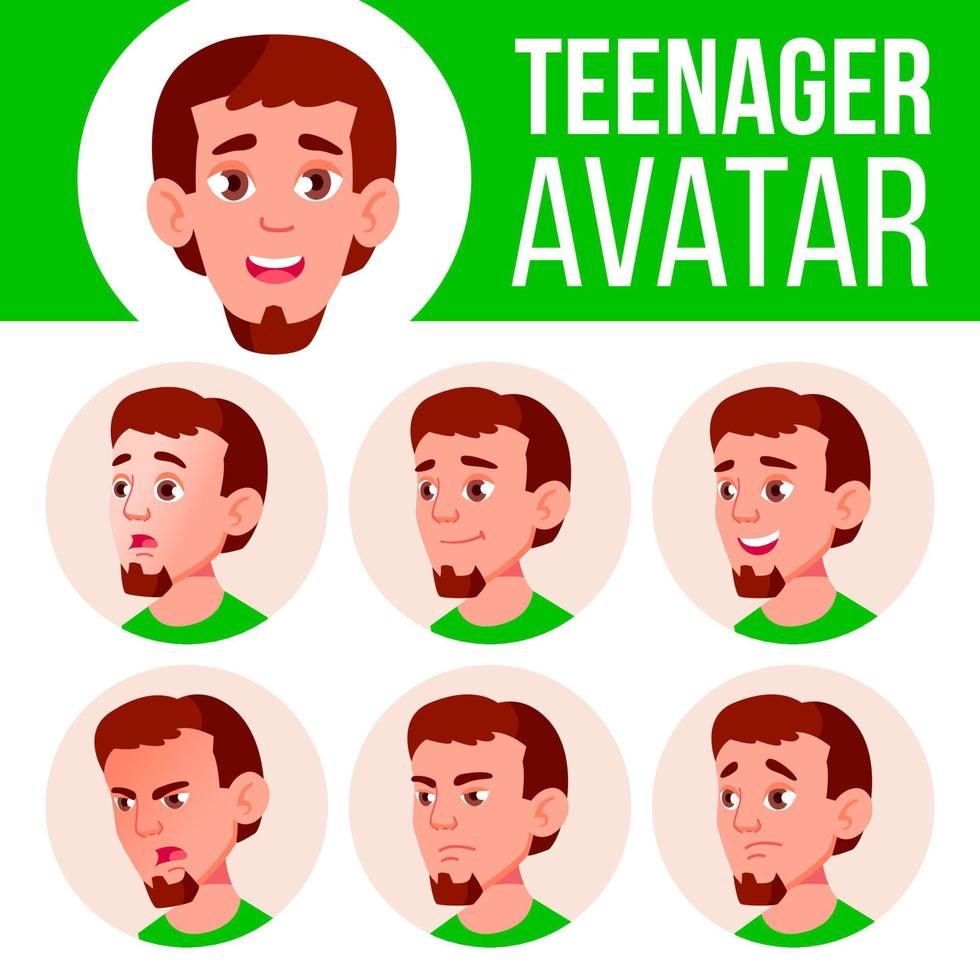 Teenager-Jungen-Avatar-Set-Vektor. Emotionen begegnen. flach, porträt. süß, komisch, web. Cartoon-Kopf-Illustration vektor