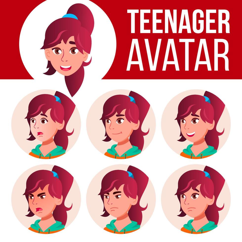 Teenager-Mädchen-Avatar-Set-Vektor. Emotionen begegnen. Benutzer, Charakter. lustig, fröhlich. Cartoon-Kopf-Illustration vektor