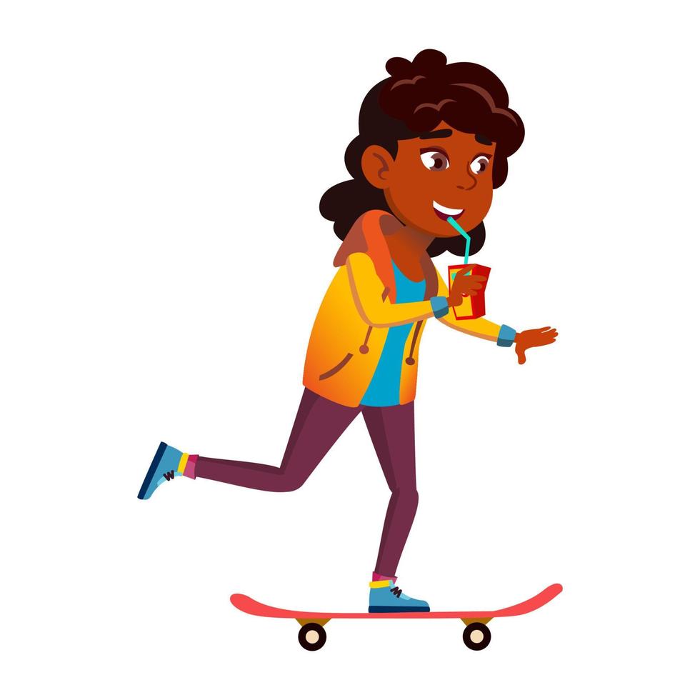 Schulmädchen, das Skateboard reitet und Vektor trinkt