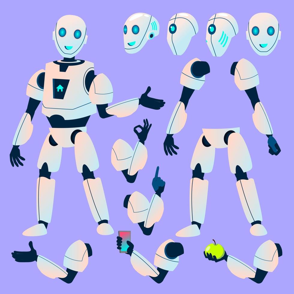 robot hjälpare vektor. animering skapande uppsättning. modern robot. klient, kund Stöd service chatt bot. huvud, gester. animerad artificiell intelligens. ai maskin för baner, webb design. illustration vektor