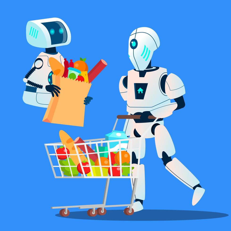 Verkäufe, Roboter, der mit großen Einkaufstaschen mit Waren im Handvektor geht. isolierte Abbildung vektor