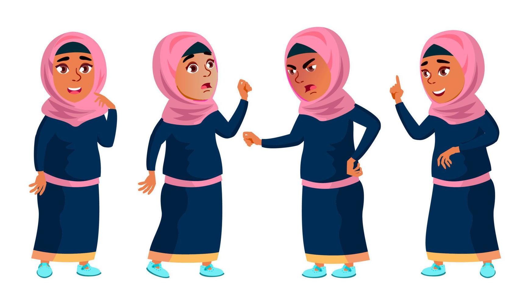 arab, muslim flicka skola, flicka unge poser uppsättning vektor. barn. Tonårs. traditionell kläder. för webb, broschyr, affisch design. isolerat tecknad serie illustration vektor