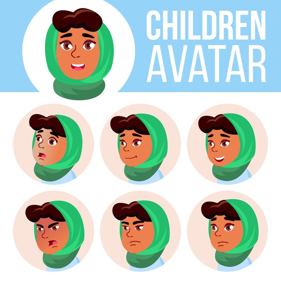 arab, muslim flicka avatar uppsättning unge vektor. primär skola. ansikte känslor. känslor, emotionell. vänlig, gråtande. tecknad serie huvud illustration vektor