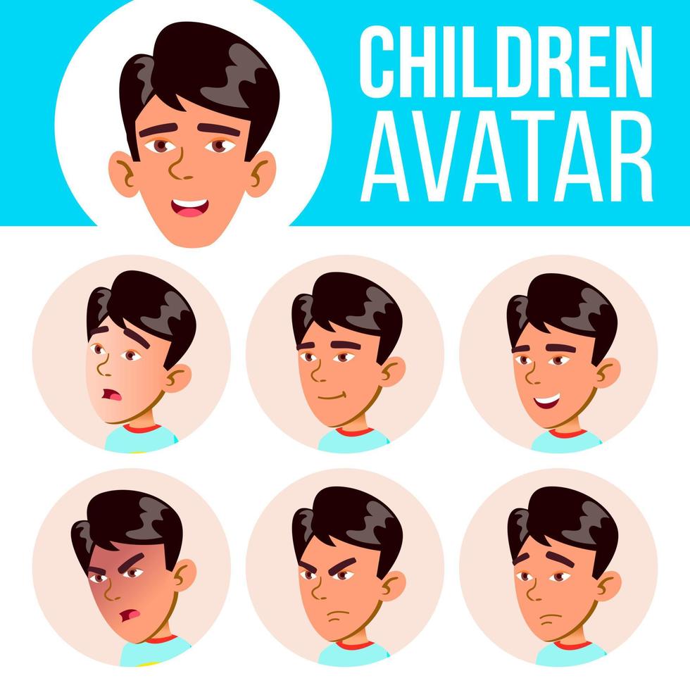 asiatisk pojke avatar uppsättning unge vektor. primär skola. ansikte känslor. platt, porträtt. ungdom, kaukasiska. färgrik design. tecknad serie huvud illustration vektor