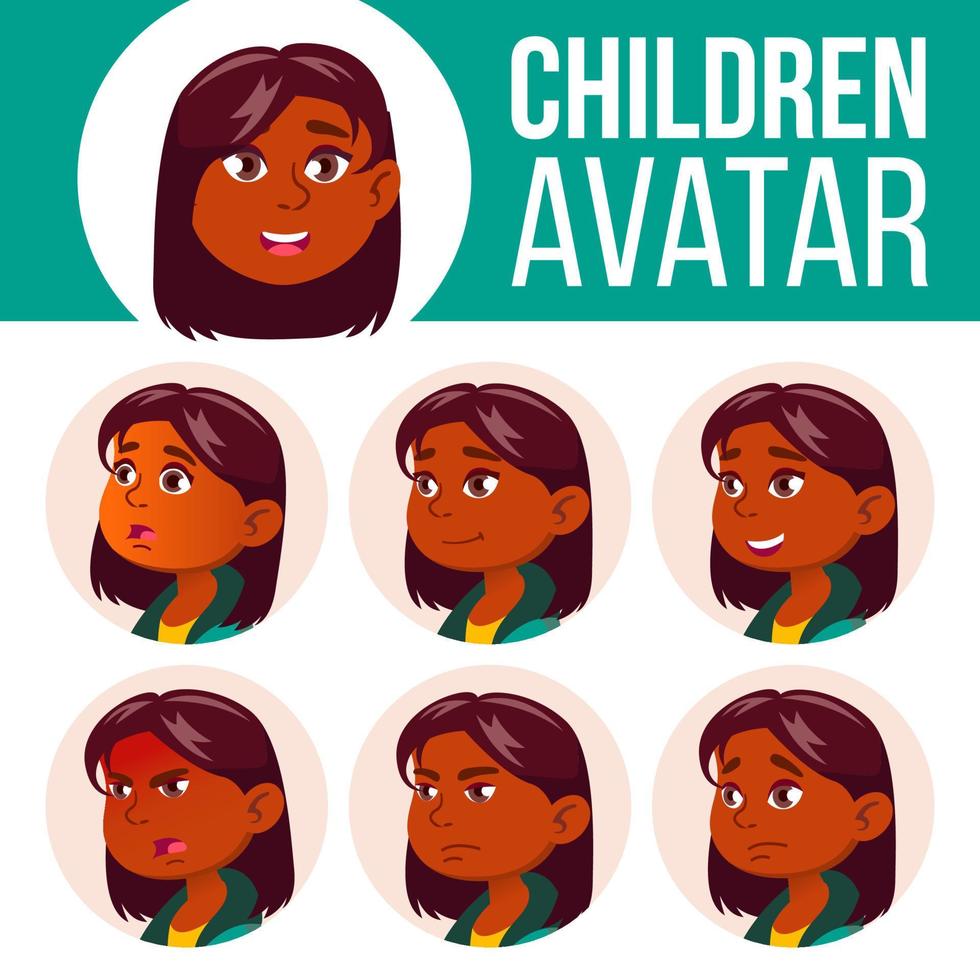 flicka avatar uppsättning unge vektor. primär skola. indian, hinduiska. asiatiska. ansikte känslor. användare, karaktär. fritid, leende. layout, reklam. tecknad serie huvud illustration vektor