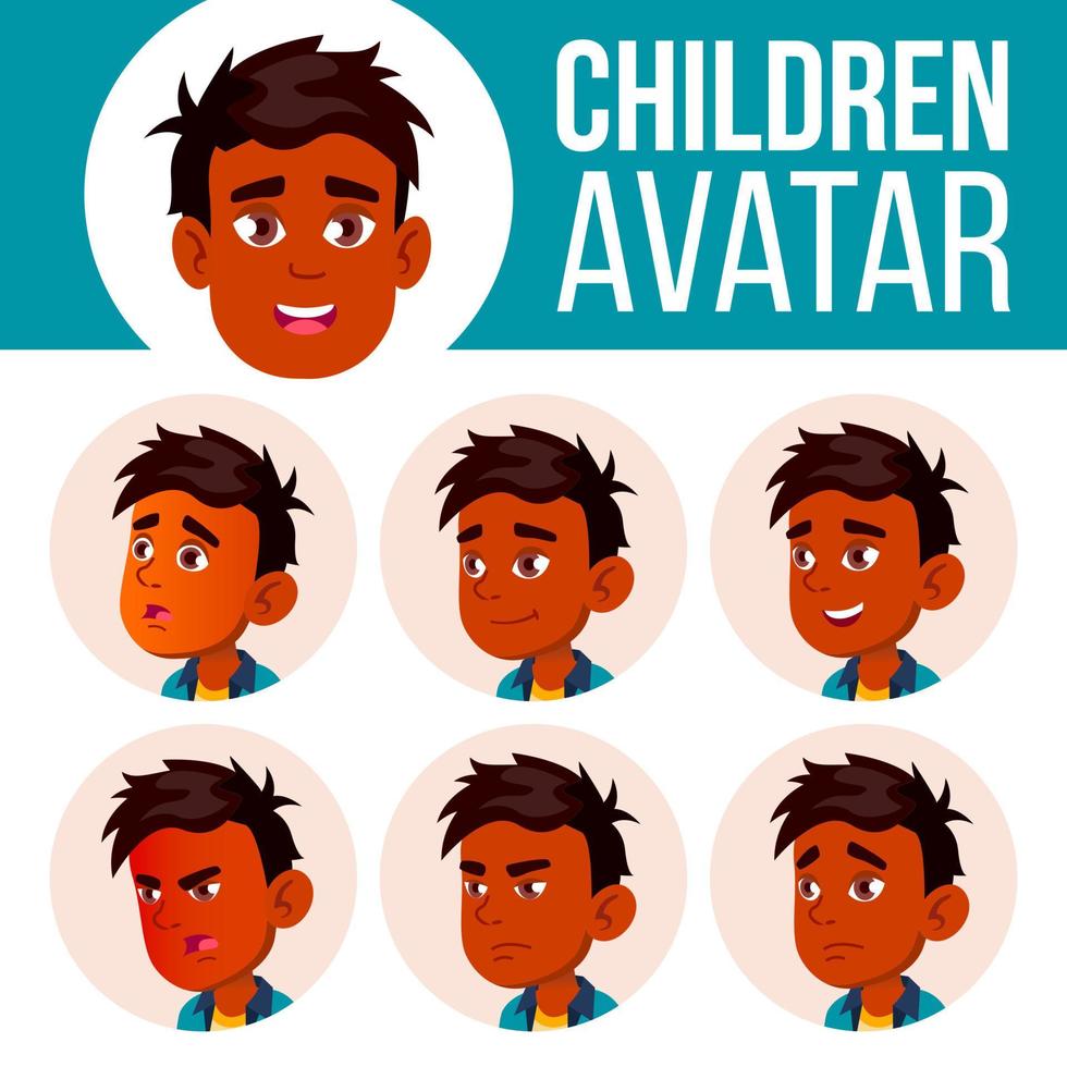 indisk pojke avatar uppsättning unge vektor. primär skola. ansikte känslor. ansiktsbehandling, människor. heja på, Söt. kort, annons. tecknad serie huvud illustration vektor