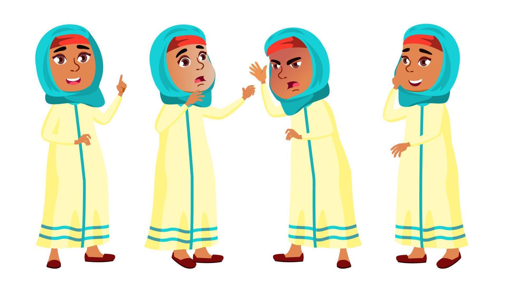 arab, muslim flicka poser uppsättning vektor. primär skola barn. undervisning, utbilda, skolbarn. för presentation, skriva ut, inbjudan design. isolerat tecknad serie illustration vektor