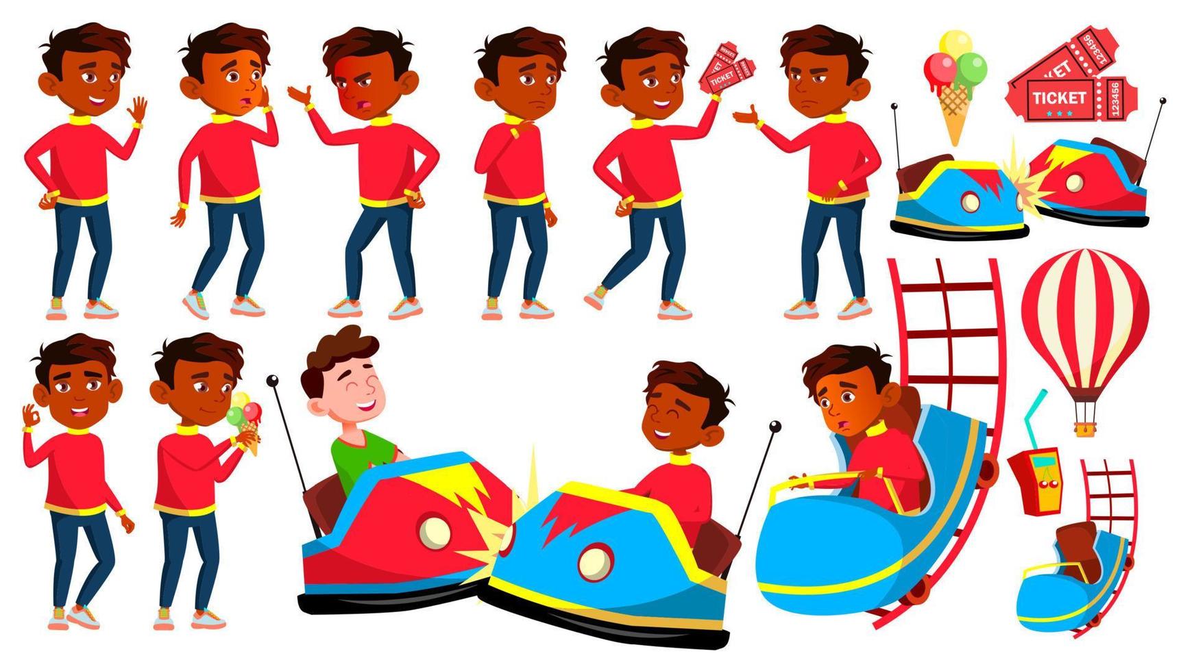 indisk pojke poser uppsättning vektor. nöje parkera. kör, roligt. ung människor. sommar semester. för reklam, plakat, skriva ut design. isolerat tecknad serie illustration vektor