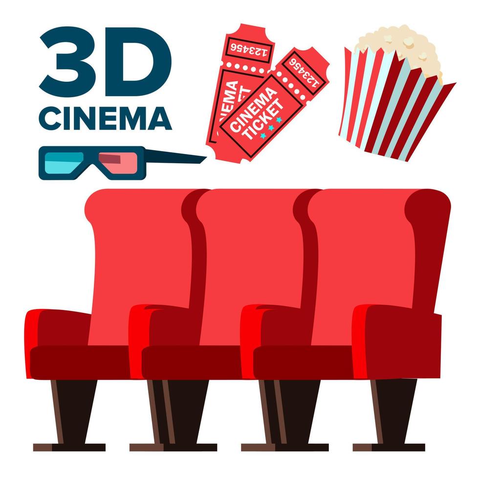 3d bio ikoner vektor. popcorn, röd säten, biljetter, stereo glasögon. isolerat tecknad serie illustration vektor