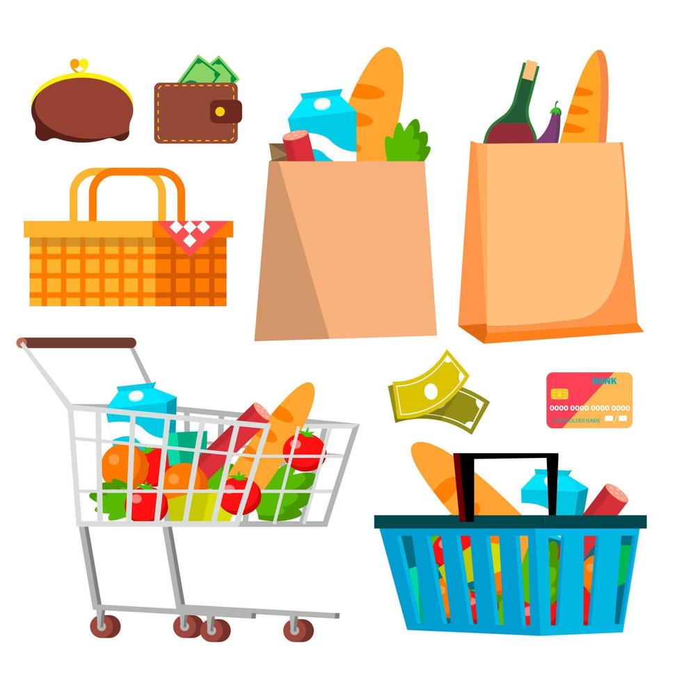 Shop-Shopping-Icons Vektor. Brieftasche, Geld, Kreditkarte, Produkte. isolierte karikaturillustration vektor