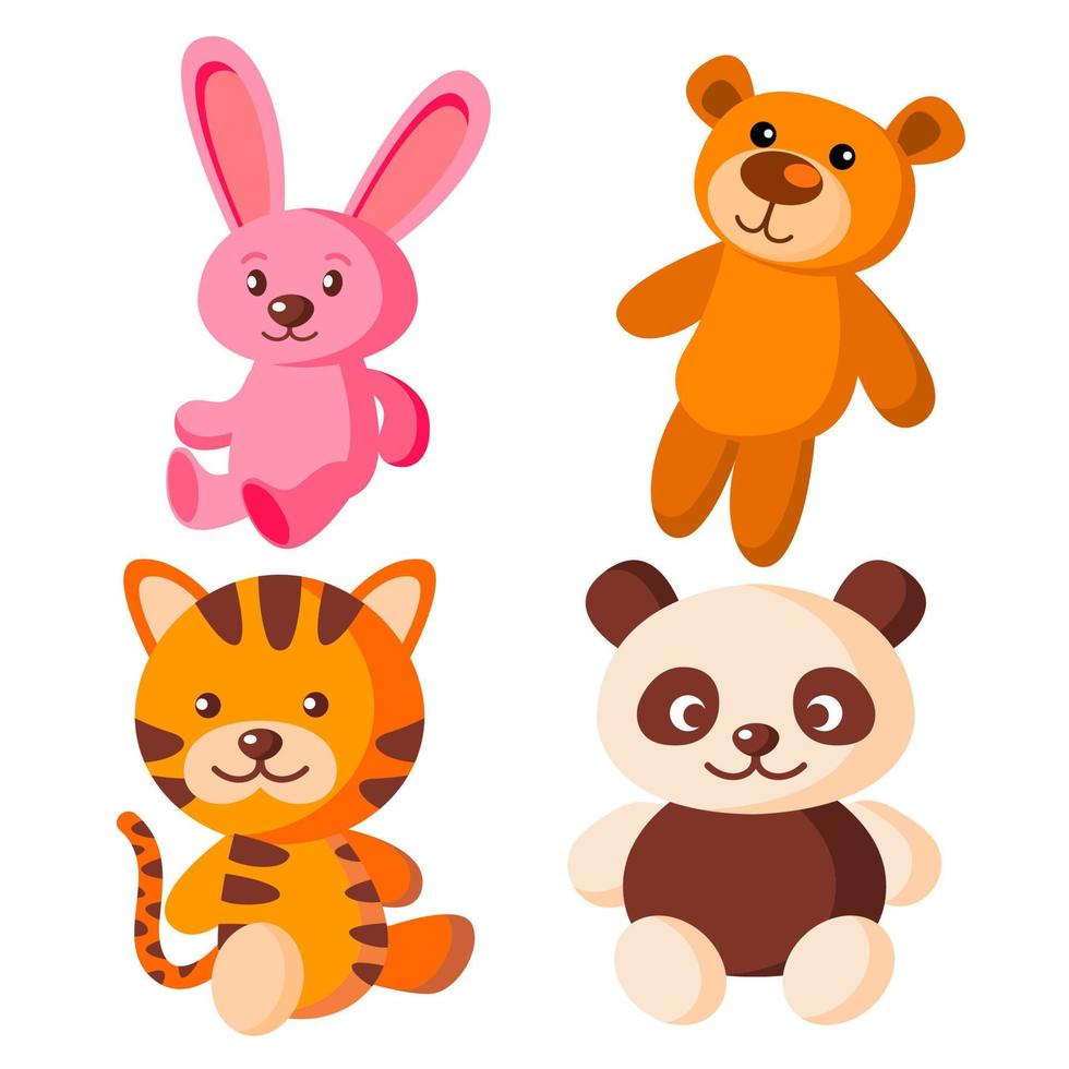 Vektor für weiche Spielzeuge für Kinder. Bär, Tiger, Hase, Panda. isolierte flache karikaturillustration