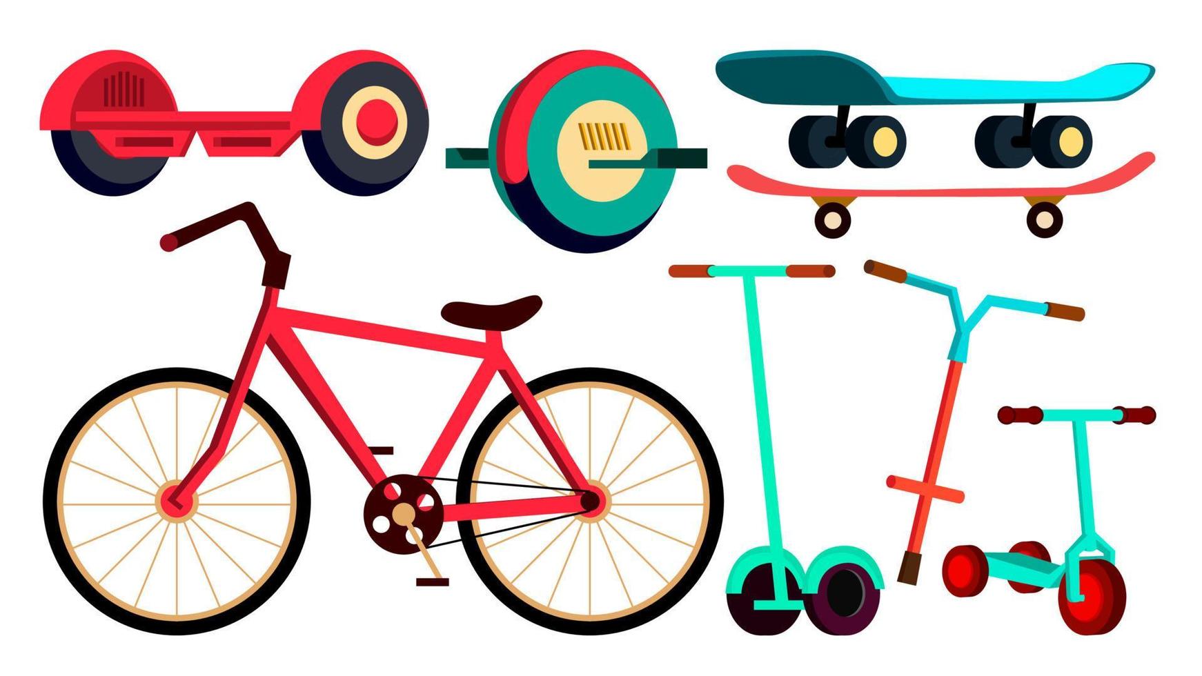 på hjul objekt uppsättning cykel, skateboard, skoter vektor. urdan transport. modern grej. isolerat tecknad serie illustration vektor