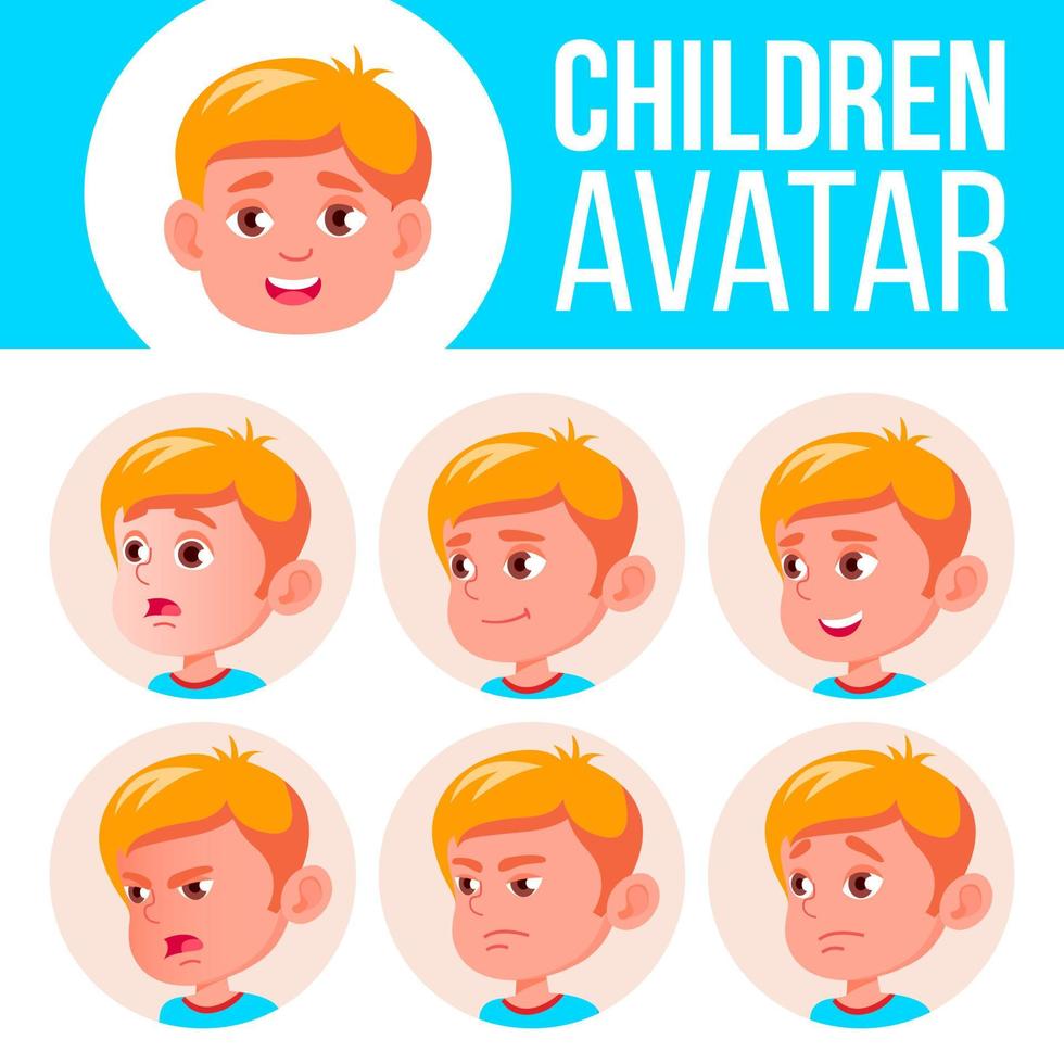 Junge Avatar Set Kindervektor. Kindergarten. Emotionen begegnen. emotional, Gesichtsbehandlung, Menschen. lustig, fröhlich. Werbung, Gruß. Cartoon-Kopf-Illustration vektor